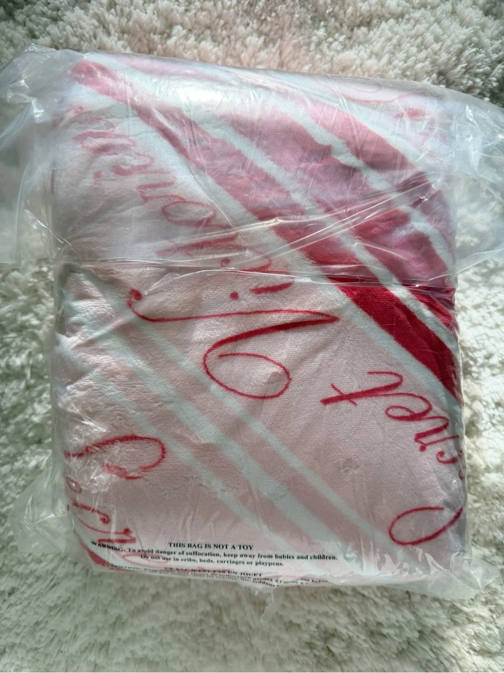 Victoria's Secret Script Pink & Red Stripe Cozy Sherpa Throw Blanket
